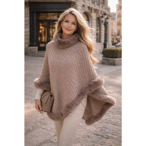 Le Moda Knit Poncho Faux Fur Cable Elegant Quiet Luxury Old Money Neutral OS